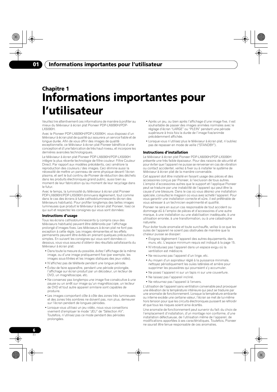 01 informations importantes pour, L’utilisateur, Informations importantes pour l’utilisateur | Informations importantes pour l’utilisateur 01, Chapitre 1 | Pioneer PDP-LX5090H User Manual | Page 128 / 339