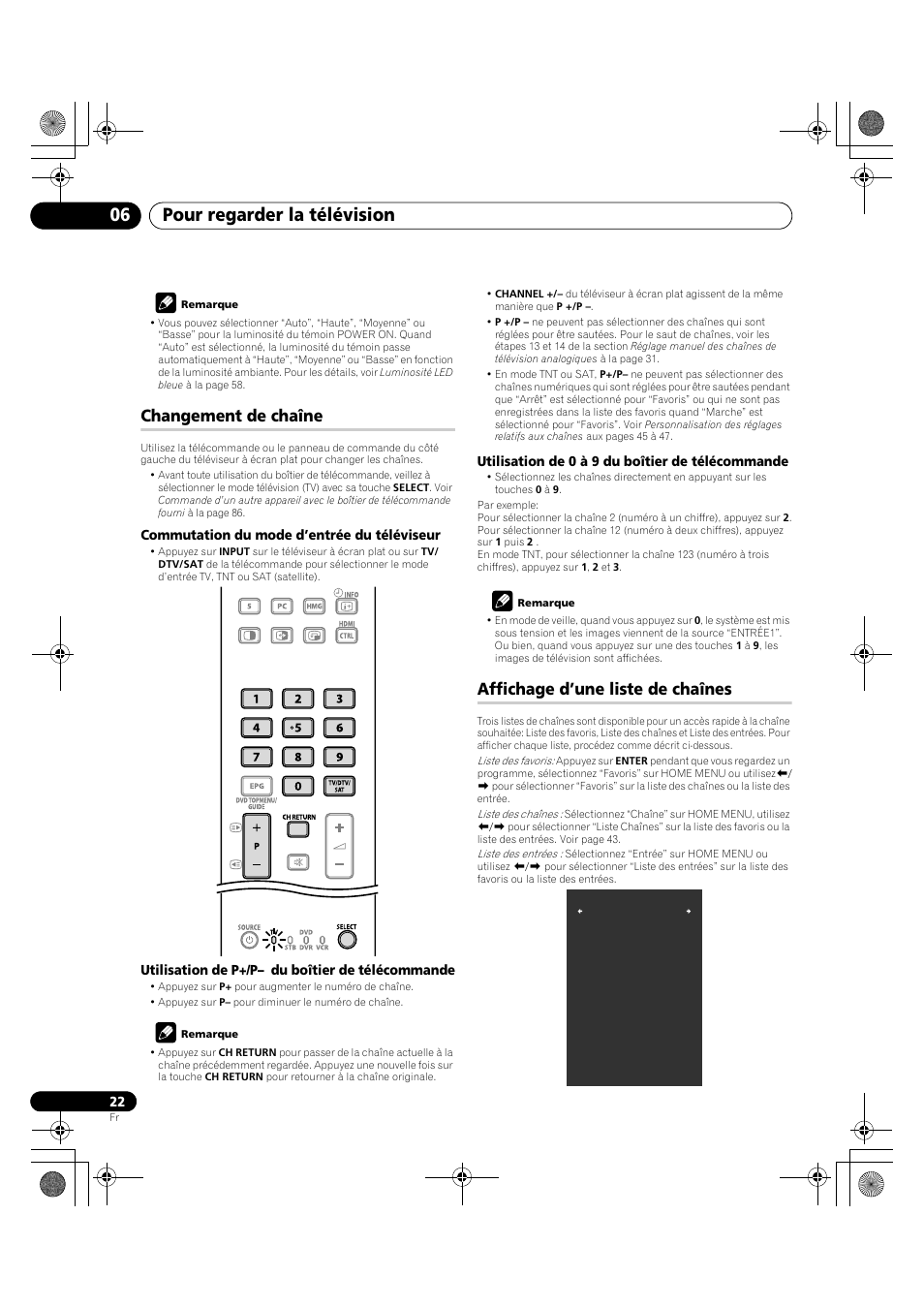 Pour regarder la télévision 06, Changement de chaîne, Affichage d’une liste de chaînes | Pioneer PDP-LX5090H User Manual | Page 144 / 339