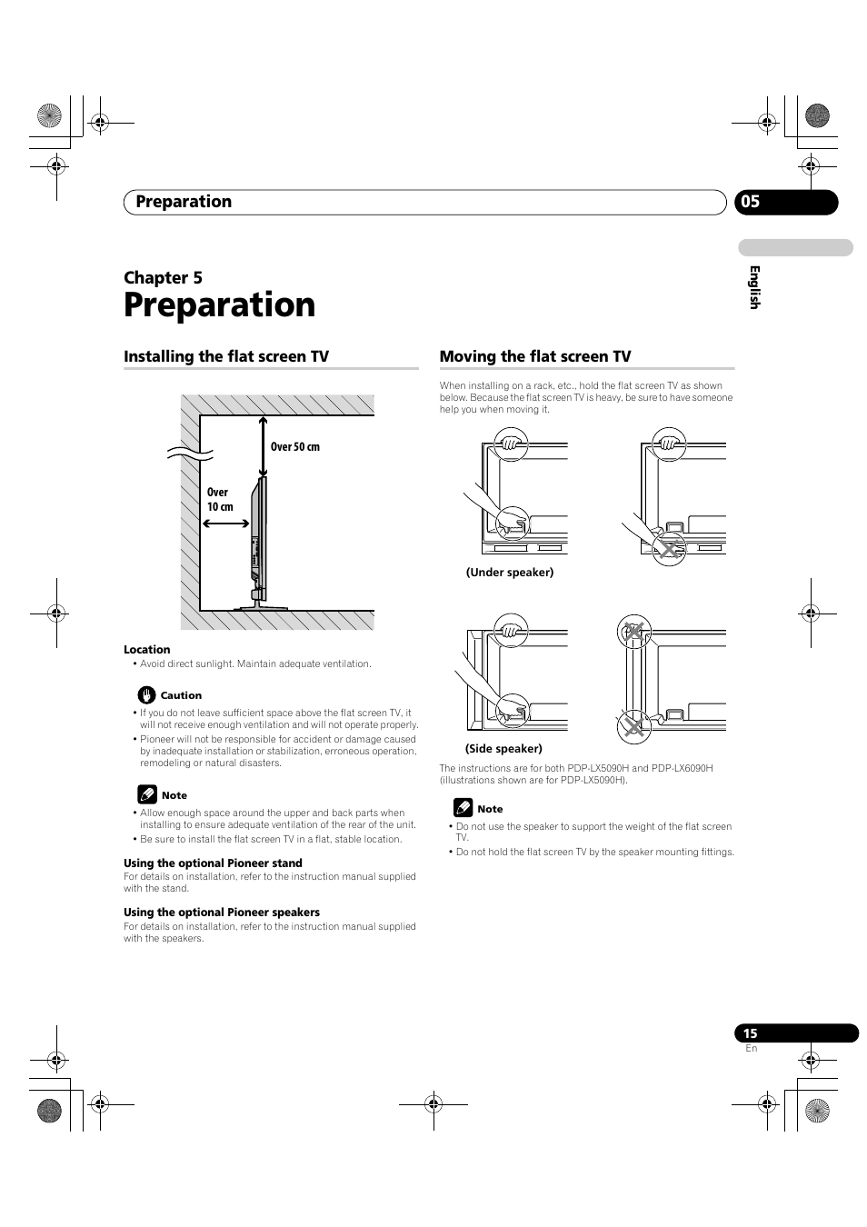 05 preparation, Preparation, Preparation 05 | Chapter 5, Installing the flat screen tv, Moving the flat screen tv | Pioneer PDP-LX5090H User Manual | Page 15 / 339