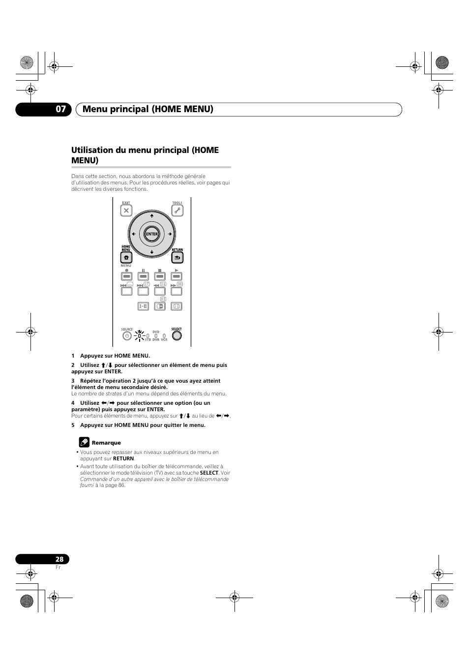 Utilisation du menu principal (home menu), Menu principal (home menu) 07 | Pioneer PDP-LX5090H User Manual | Page 150 / 339