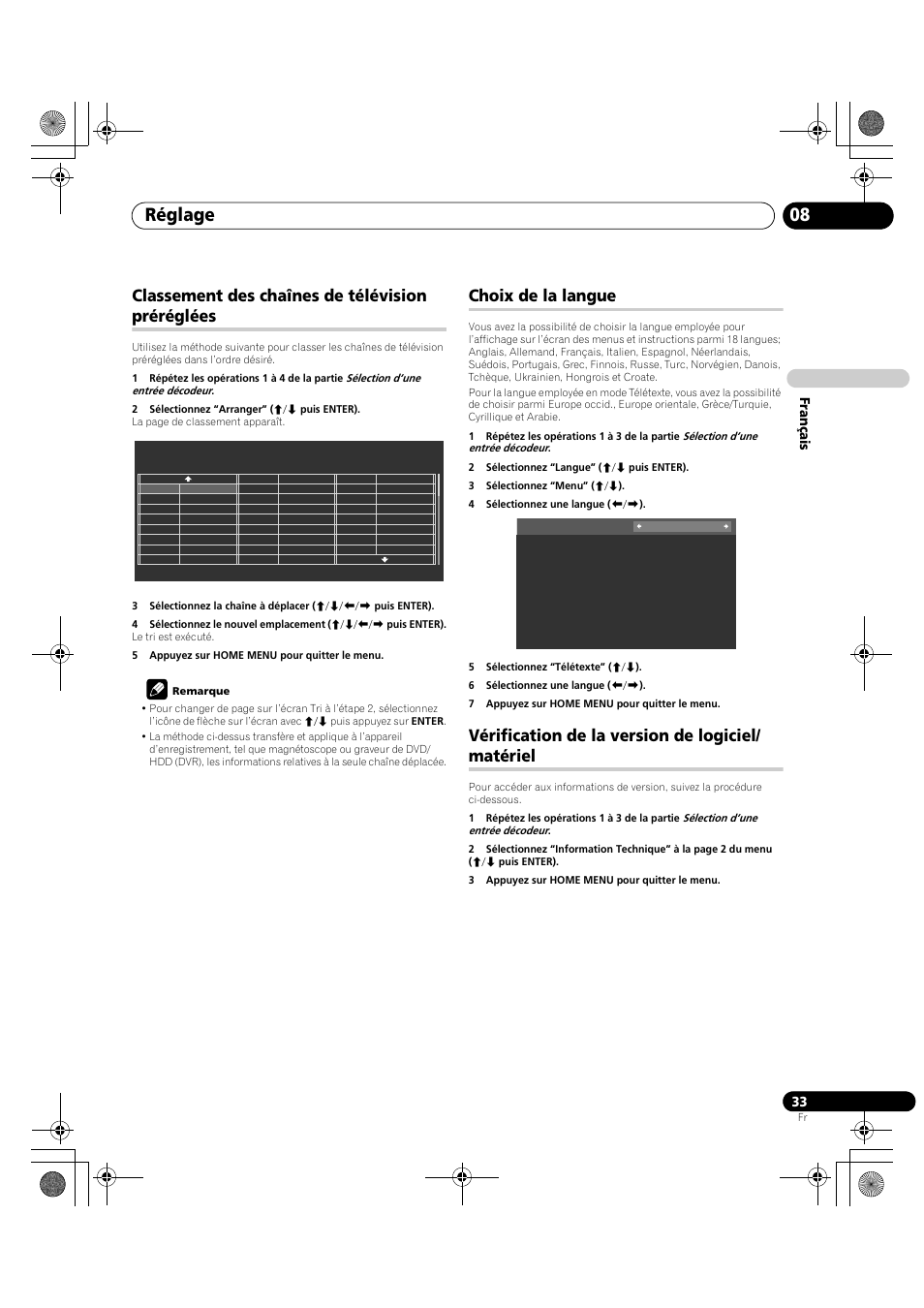 Réglage 08, Classement des chaînes de télévision préréglées, Choix de la langue | Vérification de la version de logiciel/ matériel | Pioneer PDP-LX5090H User Manual | Page 155 / 339