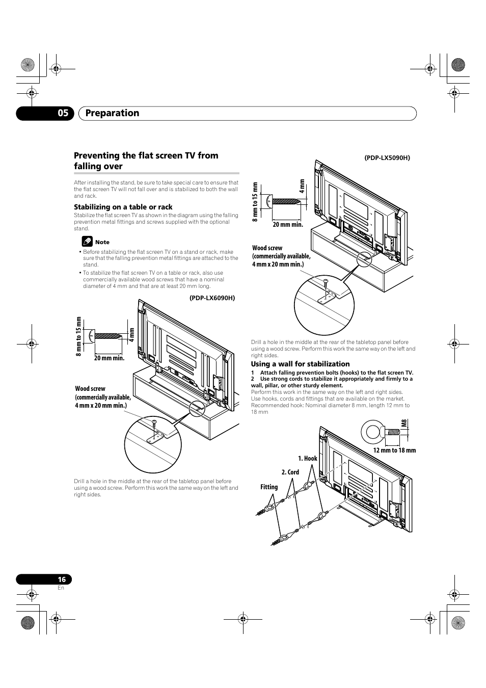 Preventing the flat screen tv from falling over, Preparation 05 | Pioneer PDP-LX5090H User Manual | Page 16 / 339