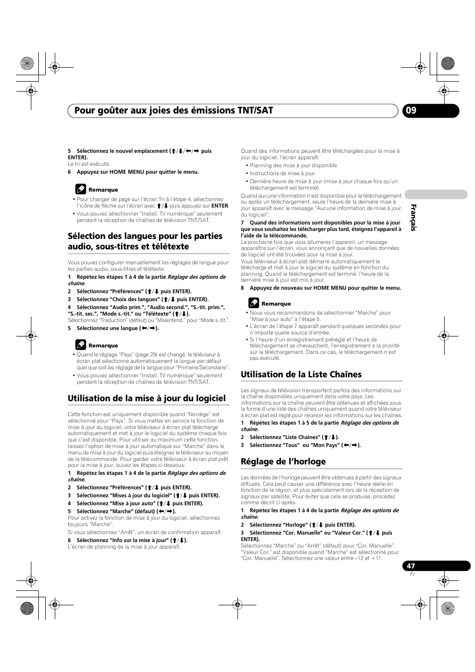 Sélection des langues pour les parties audio, Sous-titres et télétexte, Pour goûter aux joies des émissions tnt/sat 09 | Utilisation de la mise à jour du logiciel, Utilisation de la liste chaînes, Réglage de l’horloge | Pioneer PDP-LX5090H User Manual | Page 169 / 339