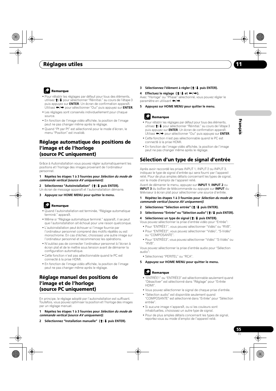 Réglage automatique des positions de l’image et de, L’horloge (source pc uniquement), Réglage manuel des positions de l’image et de | Sélection d’un type de signal d’entrée, Réglages utiles 11 | Pioneer PDP-LX5090H User Manual | Page 177 / 339