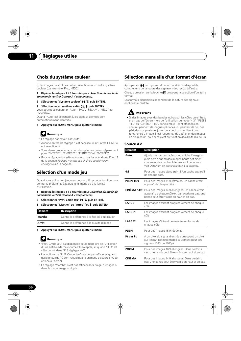 Réglages utiles 11, Choix du système couleur, Sélection d’un mode jeu | Sélection manuelle d’un format d’écran | Pioneer PDP-LX5090H User Manual | Page 178 / 339