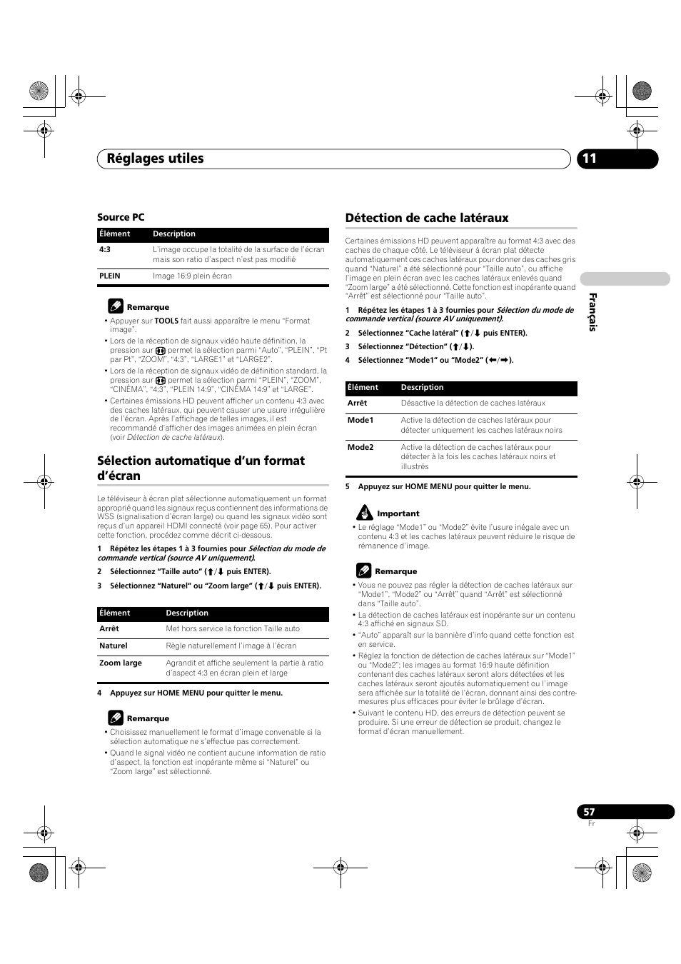 Voir, Réglages utiles 11, Sélection automatique d’un format d’écran | Détection de cache latéraux | Pioneer PDP-LX5090H User Manual | Page 179 / 339