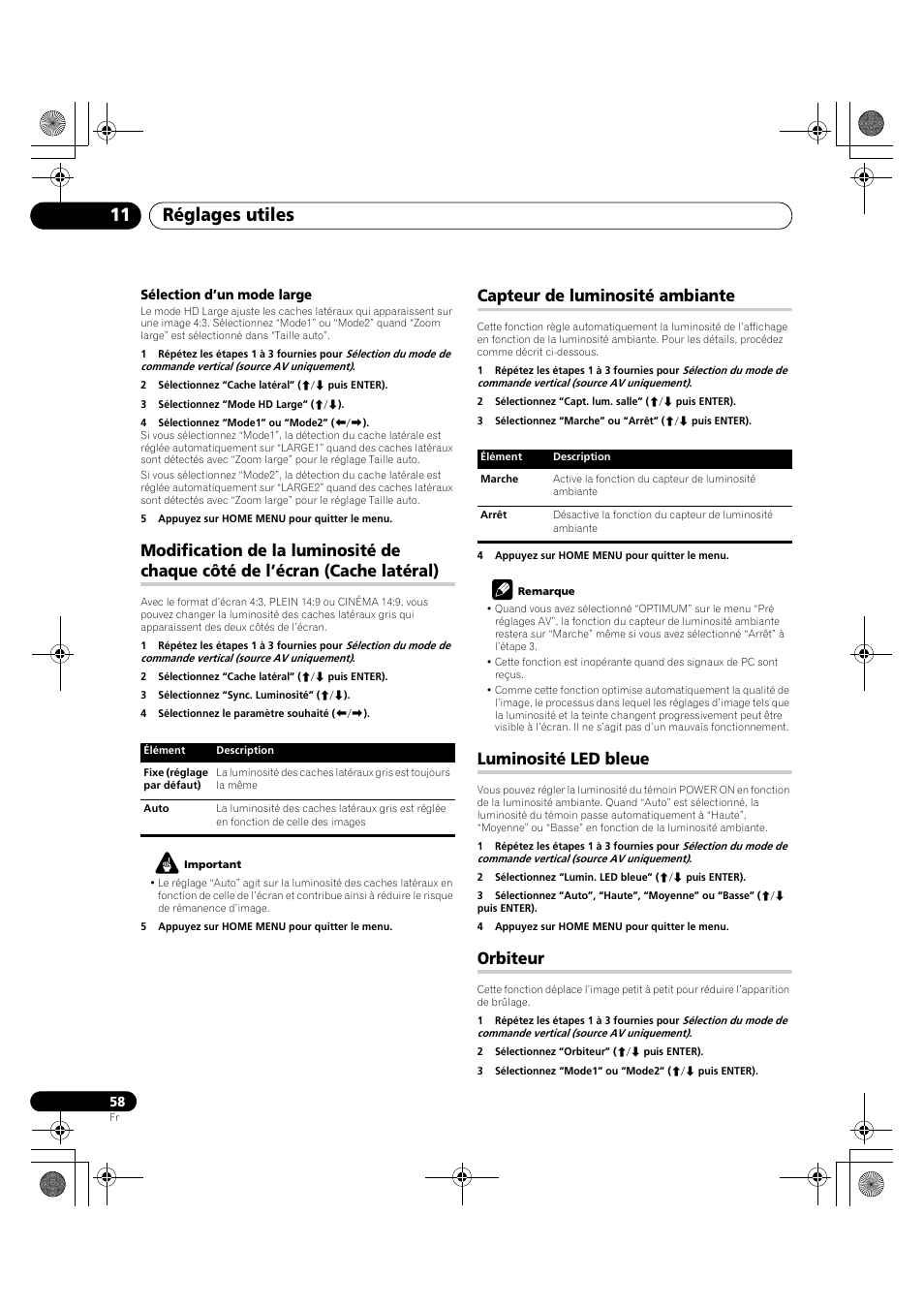 Modification de la luminosité de chaque, Côté de l’écran (cache latéral), Luminosité led | Réglages utiles 11, Capteur de luminosité ambiante, Luminosité led bleue, Orbiteur | Pioneer PDP-LX5090H User Manual | Page 180 / 339