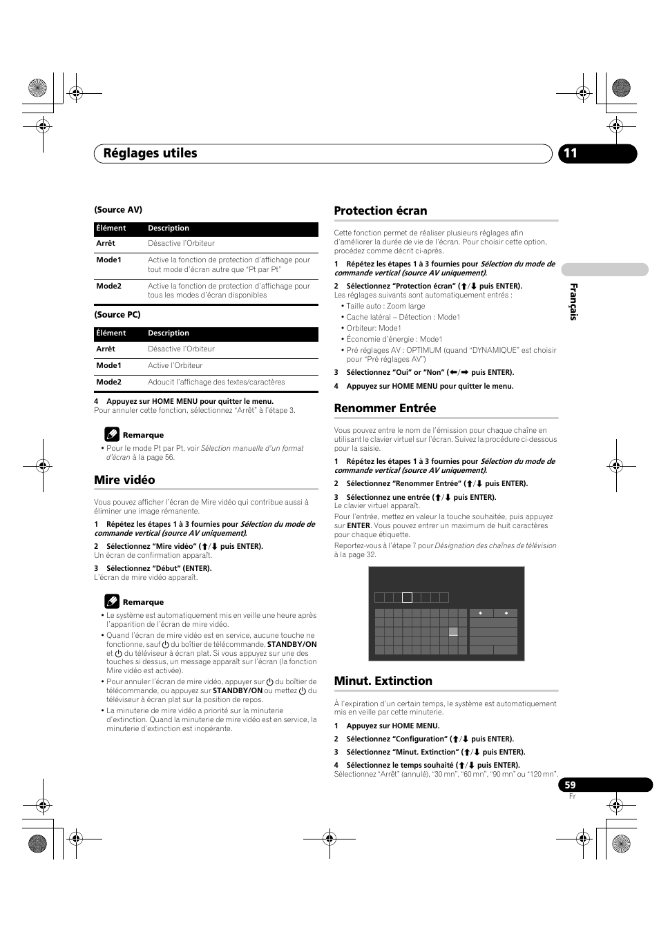 Réglages utiles 11, Mire vidéo, Protection écran | Renommer entrée, Minut. extinction | Pioneer PDP-LX5090H User Manual | Page 181 / 339