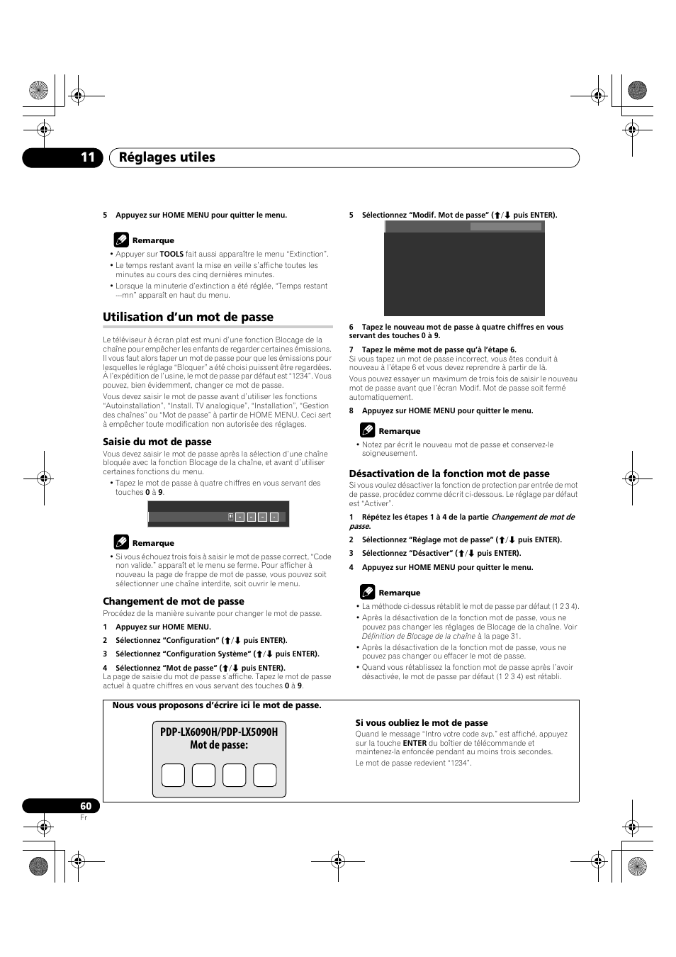 Utilisation d’un mot de passe, Réglages utiles 11 | Pioneer PDP-LX5090H User Manual | Page 182 / 339