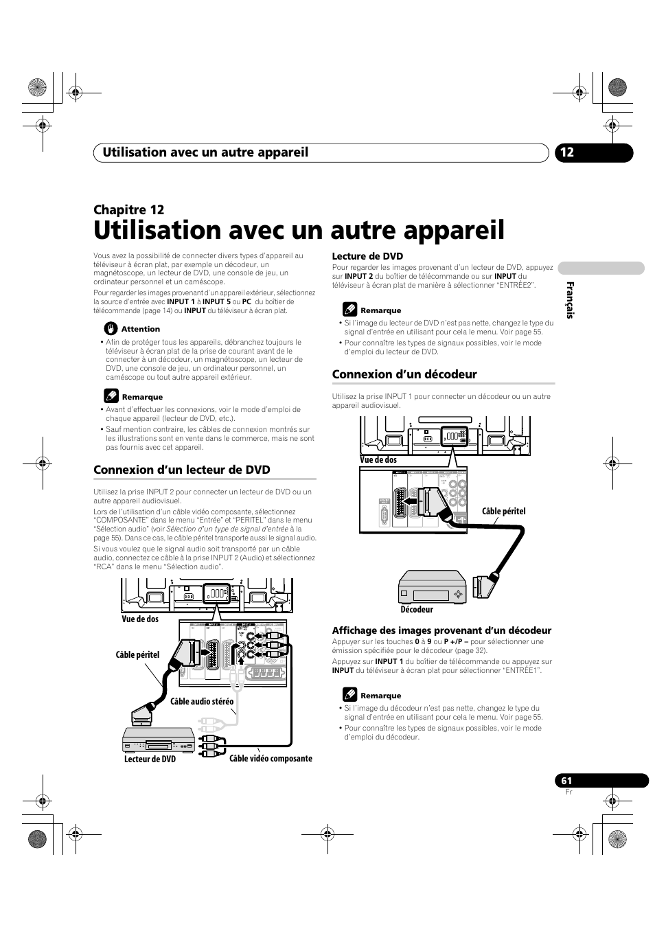 12 utilisation avec un autre appareil, Utilisation avec un autre appareil, Utilisation avec un autre appareil 12 | Chapitre 12, Connexion d’un lecteur de dvd, Connexion d’un décodeur | Pioneer PDP-LX5090H User Manual | Page 183 / 339