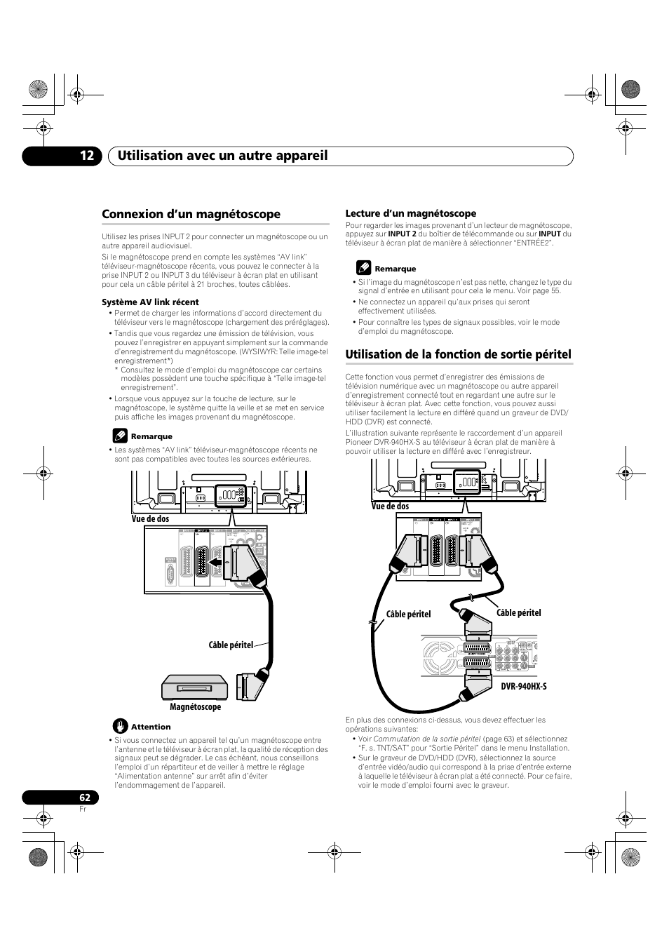 Utilisation avec un autre appareil 12, Connexion d’un magnétoscope, Utilisation de la fonction de sortie péritel | Pioneer PDP-LX5090H User Manual | Page 184 / 339