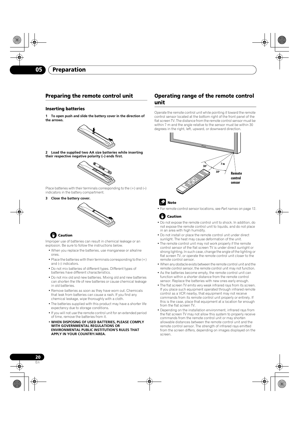 Preparation 05, Preparing the remote control unit, Operating range of the remote control unit | Pioneer PDP-LX5090H User Manual | Page 20 / 339