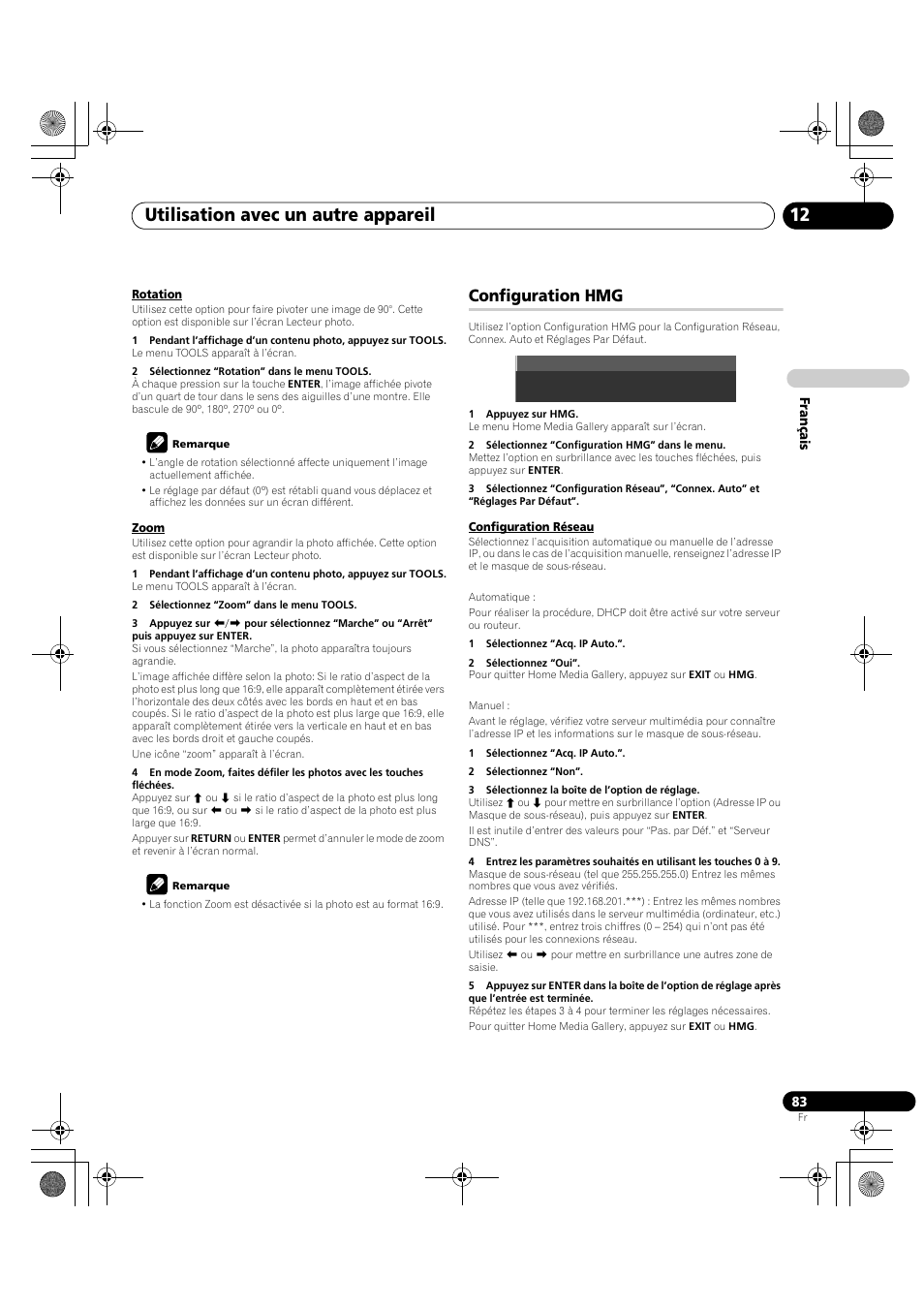 Configuration hmg, Utilisation avec un autre appareil 12 | Pioneer PDP-LX5090H User Manual | Page 205 / 339