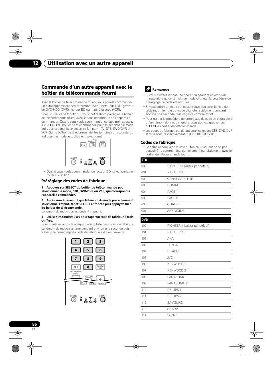 Commande d’un autre appareil avec le boîtier de, Télécommande fourni, Utilisation avec un autre appareil 12 | Pioneer PDP-LX5090H User Manual | Page 208 / 339