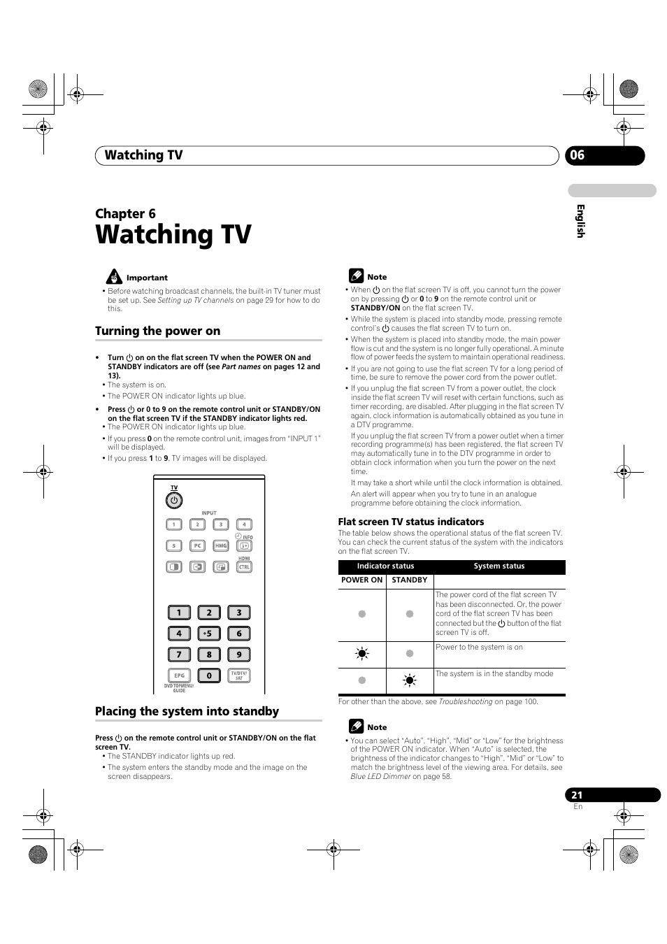 06 watching tv, Watching tv, Watching tv 06 | Chapter 6, Turning the power on, Placing the system into standby | Pioneer PDP-LX5090H User Manual | Page 21 / 339