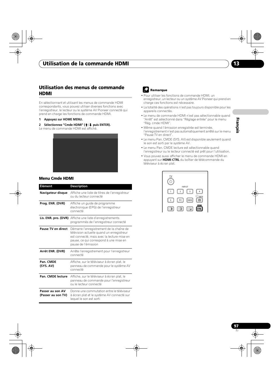 Utilisation des menus de commande hdmi, Utilisation de la commande hdmi 13 | Pioneer PDP-LX5090H User Manual | Page 219 / 339