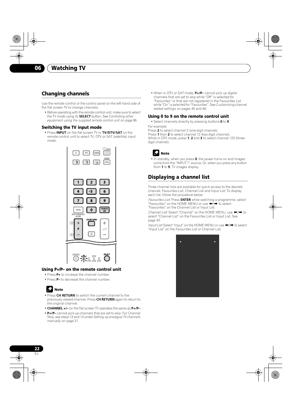Changing channels displaying a channel list, Watching tv 06, Changing channels | Displaying a channel list | Pioneer PDP-LX5090H User Manual | Page 22 / 339