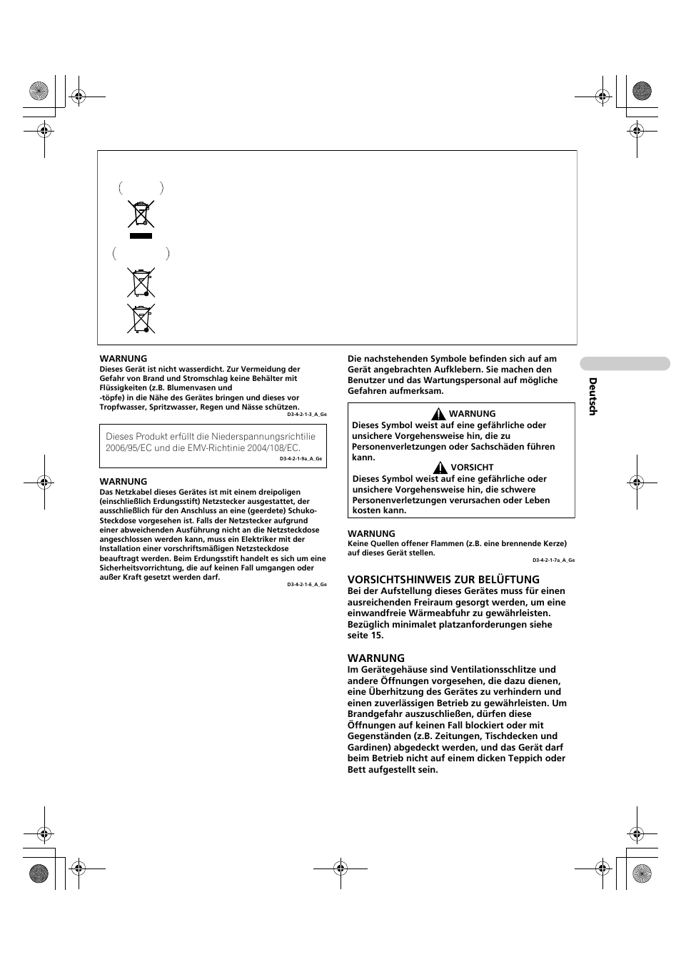 Vorsichtshinweis zur belüftung, Warnung, De utsch | Pioneer PDP-LX5090H User Manual | Page 233 / 339