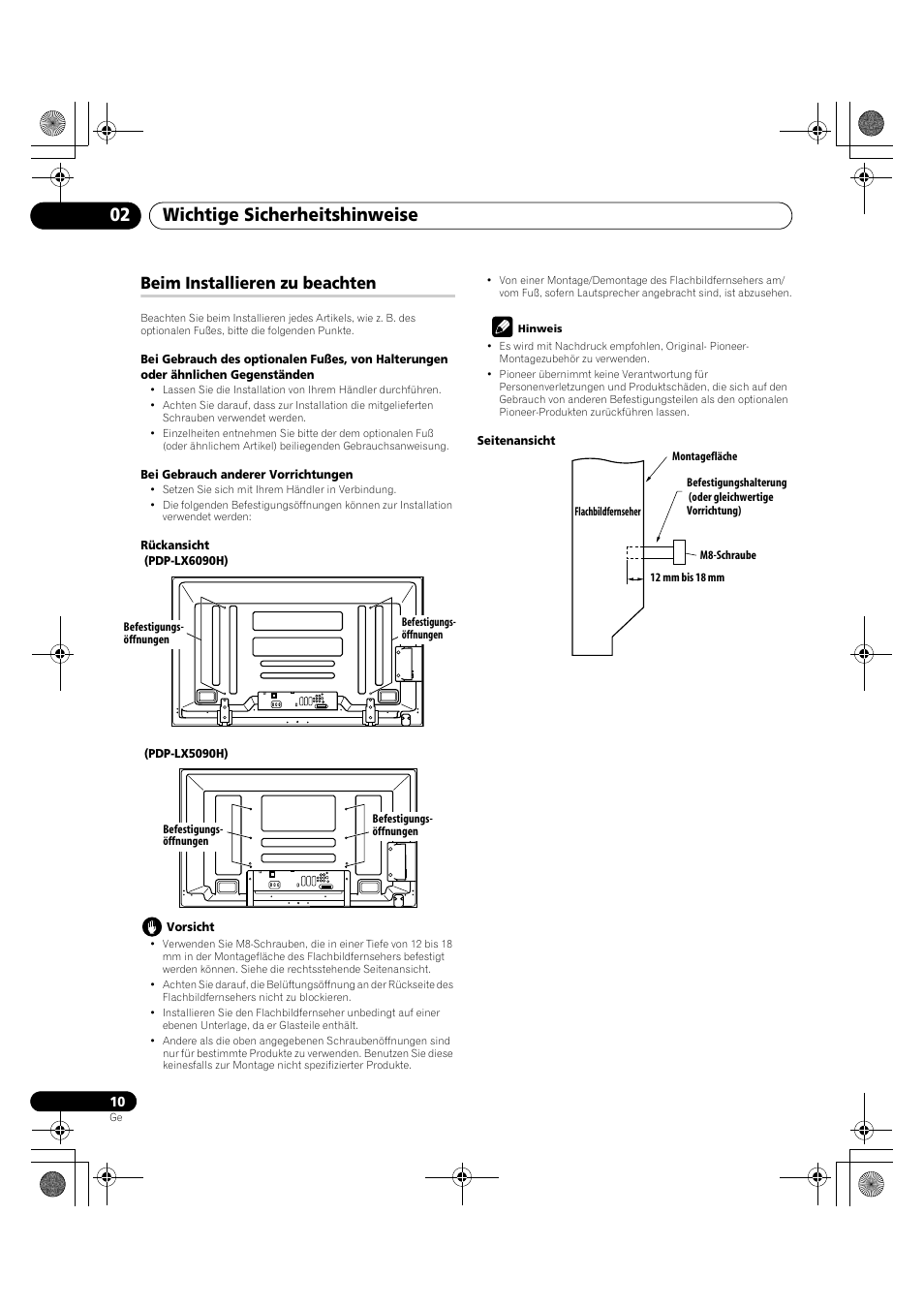Beim installieren zu beachten, Wichtige sicherheitshinweise 02 | Pioneer PDP-LX5090H User Manual | Page 240 / 339
