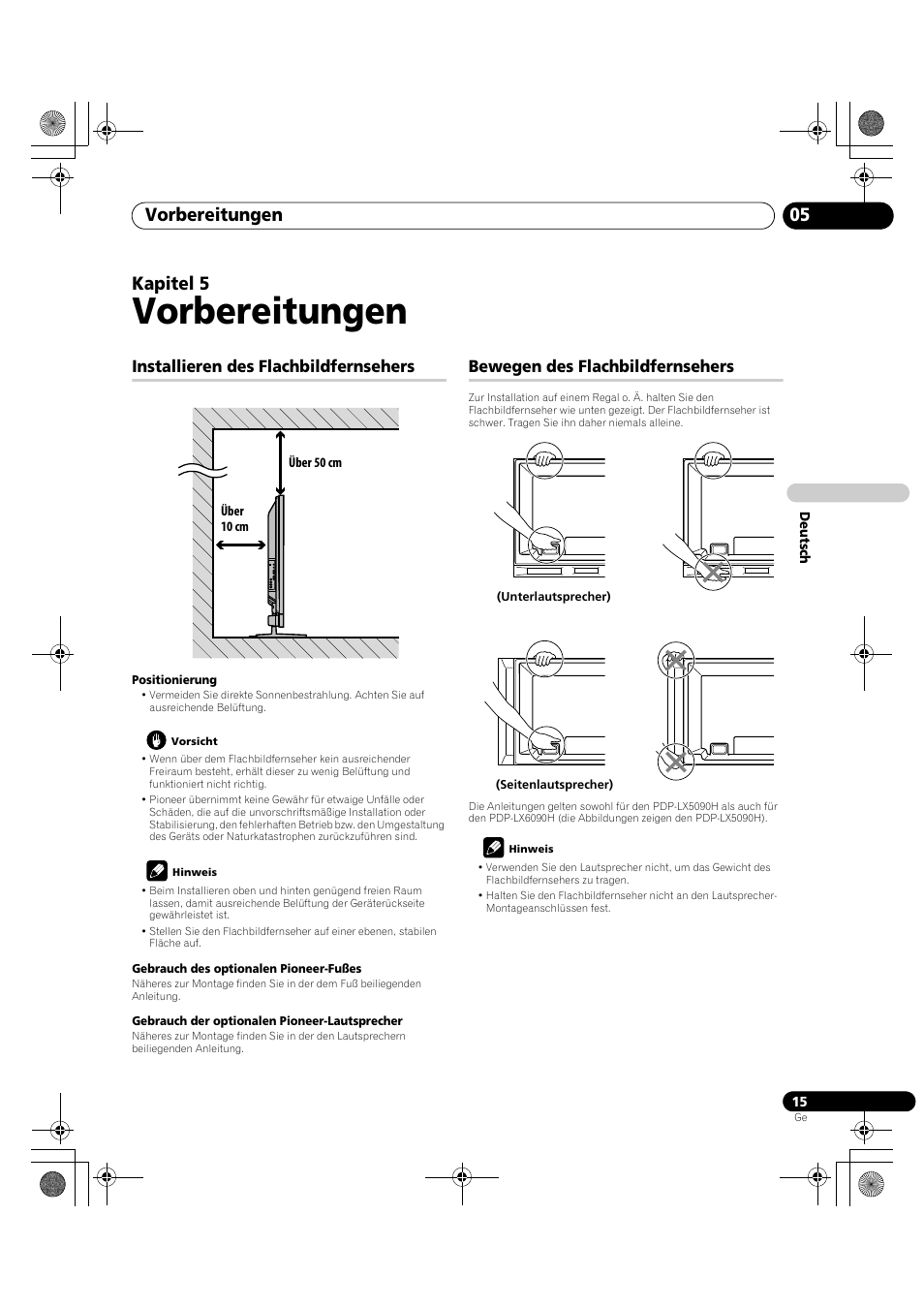 05 vorbereitungen, Vorbereitungen, Vorbereitungen 05 | Kapitel 5, Installieren des flachbildfernsehers, Bewegen des flachbildfernsehers | Pioneer PDP-LX5090H User Manual | Page 245 / 339