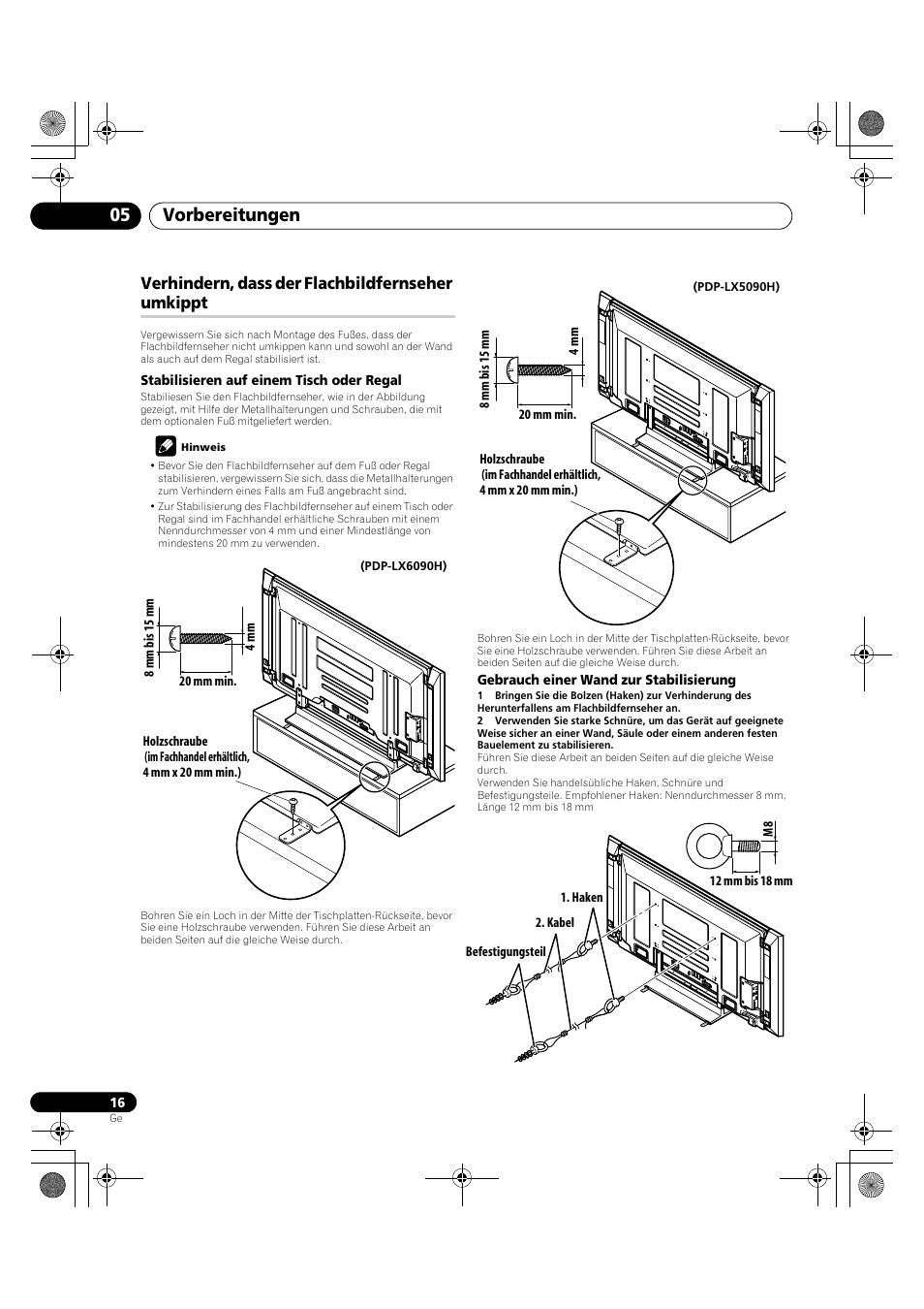 Verhindern, dass der flachbildfernseher, Umkippt, Vorbereitungen 05 | Verhindern, dass der flachbildfernseher umkippt | Pioneer PDP-LX5090H User Manual | Page 246 / 339