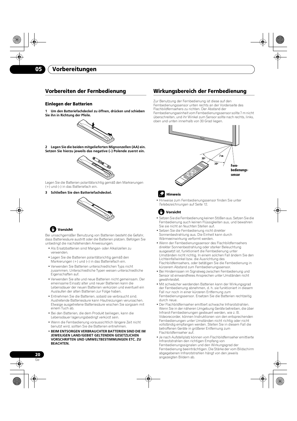 Vorbereitungen 05, Vorbereiten der fernbedienung, Wirkungsbereich der fernbedienung | Pioneer PDP-LX5090H User Manual | Page 250 / 339