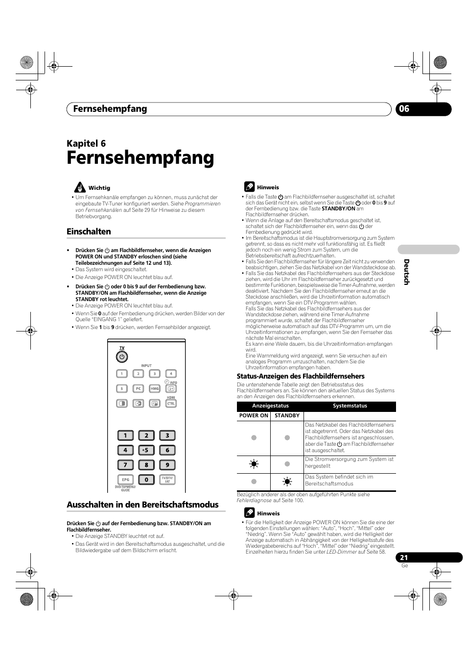 06 fernsehempfang, Einschalten ausschalten in den bereitschaftsmodus, Fernsehempfang | Fernsehempfang 06, Kapitel 6, Einschalten, Ausschalten in den bereitschaftsmodus | Pioneer PDP-LX5090H User Manual | Page 251 / 339
