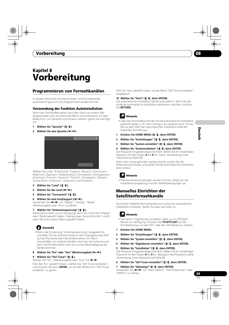 08 vorbereitung, En. siehe, Programmieren | Von fernsehkanälen auf seite 29 f, Vorbereitung, Vorbereitung 08, Kapitel 8, Programmieren von fernsehkanälen, Manuelles einrichten der satellitenfernsehkanäle | Pioneer PDP-LX5090H User Manual | Page 259 / 339