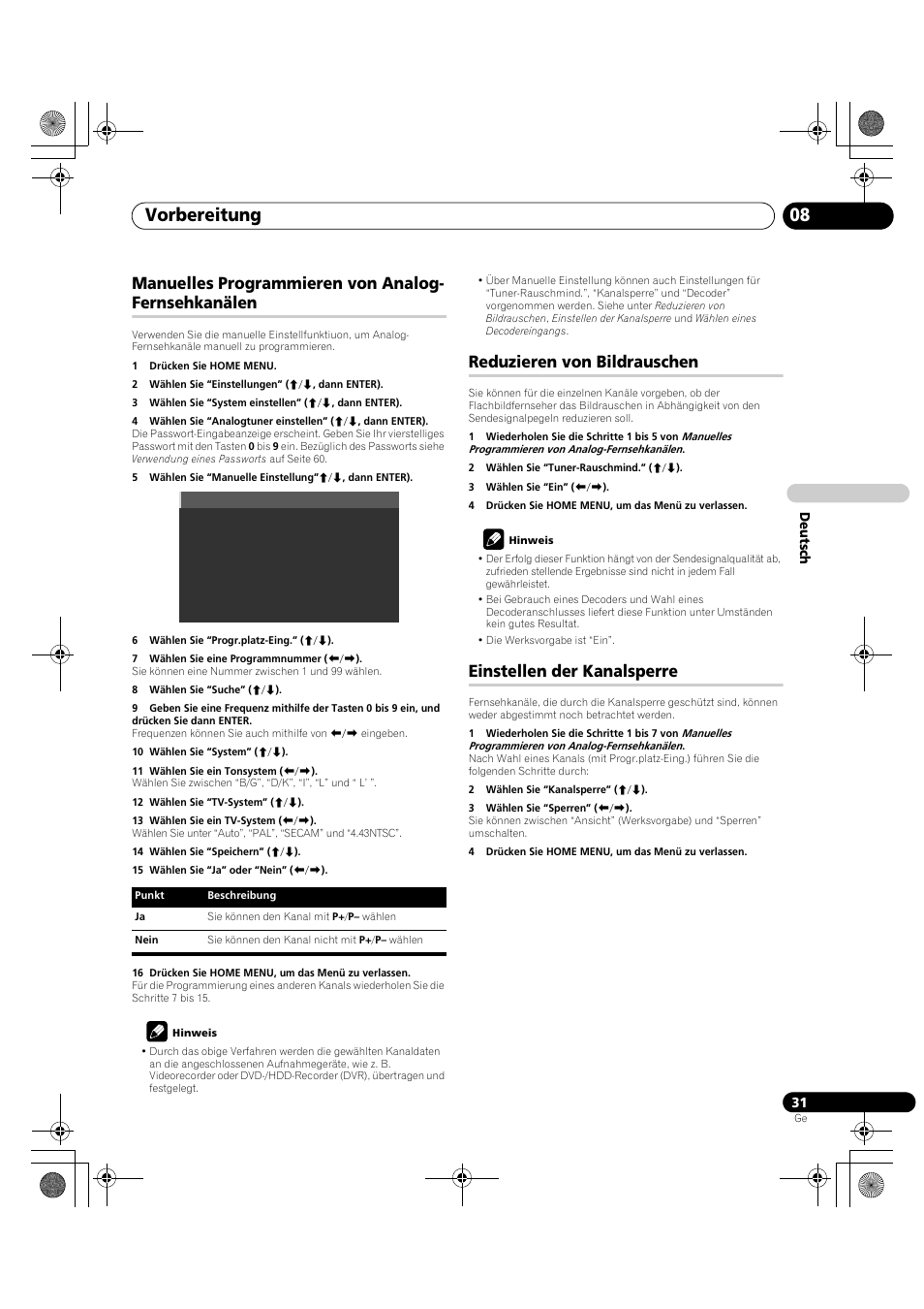 Manuelles programmieren von, Analog-fernsehkanälen, Unter | Seite 31, Vorbereitung 08, Manuelles programmieren von analog- fernsehkanälen, Reduzieren von bildrauschen, Einstellen der kanalsperre | Pioneer PDP-LX5090H User Manual | Page 261 / 339