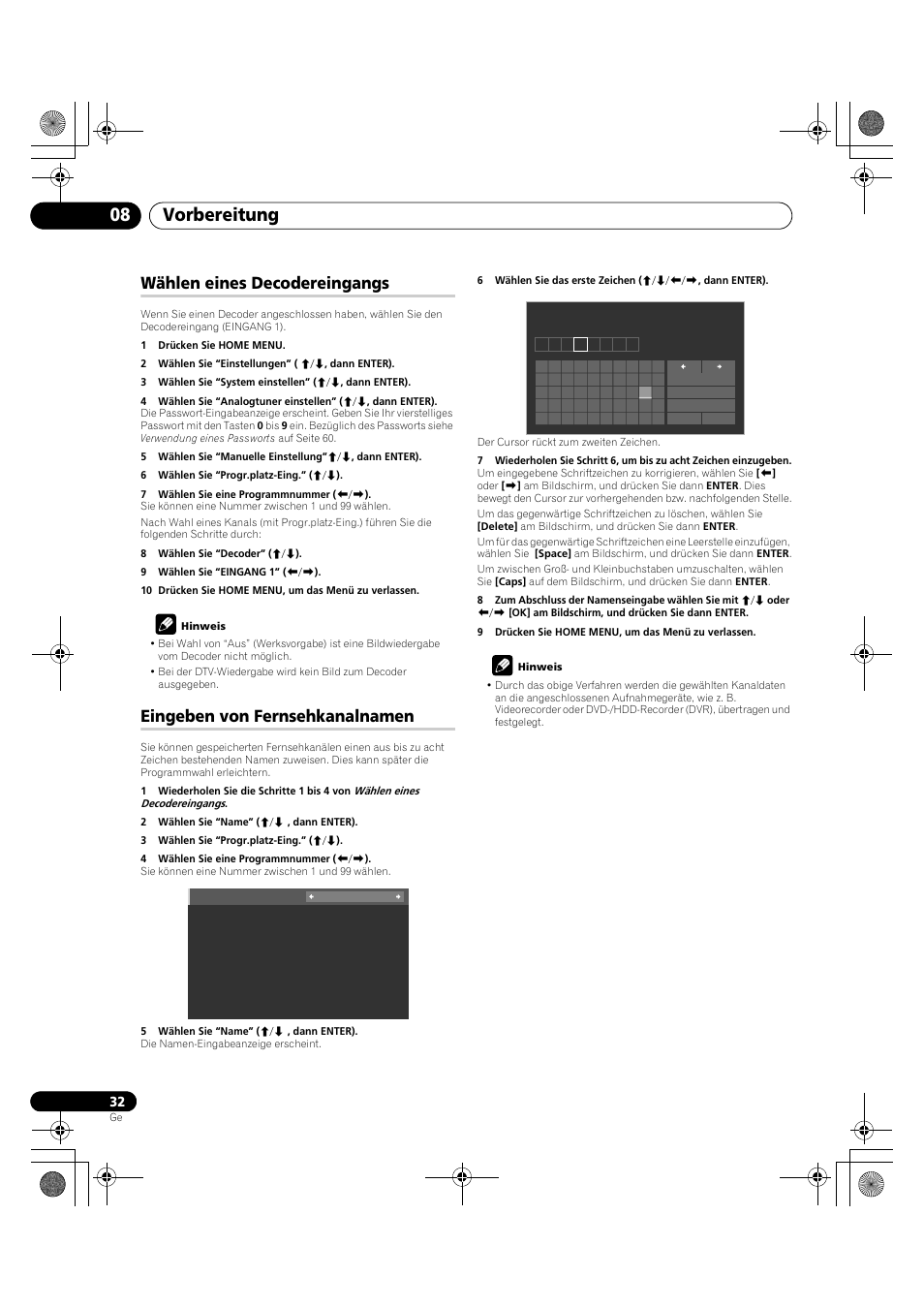 Vorbereitung 08, Wählen eines decodereingangs, Eingeben von fernsehkanalnamen | Pioneer PDP-LX5090H User Manual | Page 262 / 339