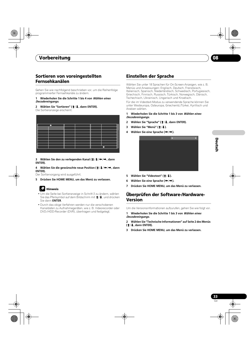 Vorbereitung 08, Sortieren von voreingestellten fernsehkanälen, Einstellen der sprache | Überprüfen der software-/hardware- version | Pioneer PDP-LX5090H User Manual | Page 263 / 339