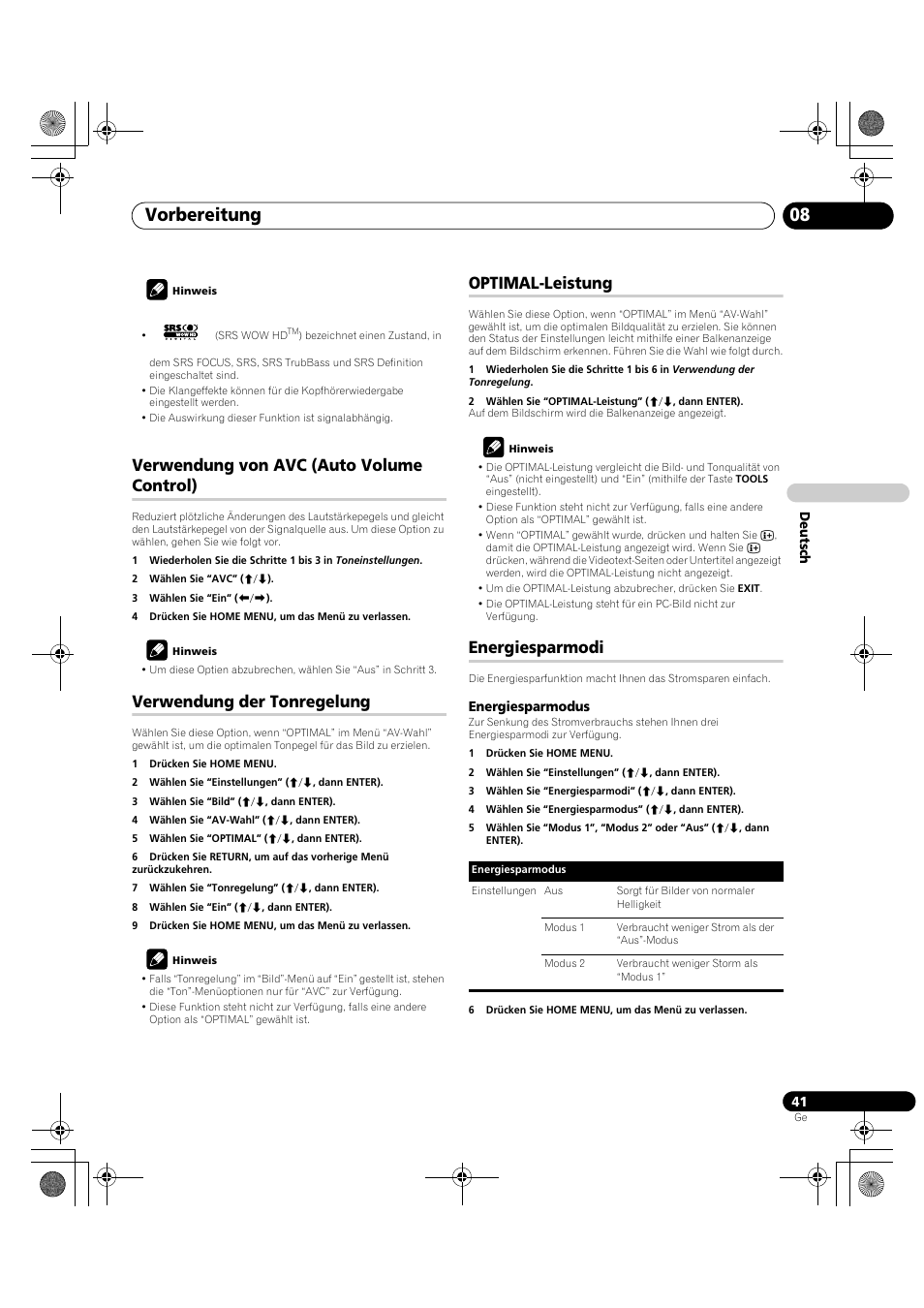 Vorbereitung 08, Verwendung von avc (auto volume control), Verwendung der tonregelung | Optimal-leistung, Energiesparmodi | Pioneer PDP-LX5090H User Manual | Page 271 / 339