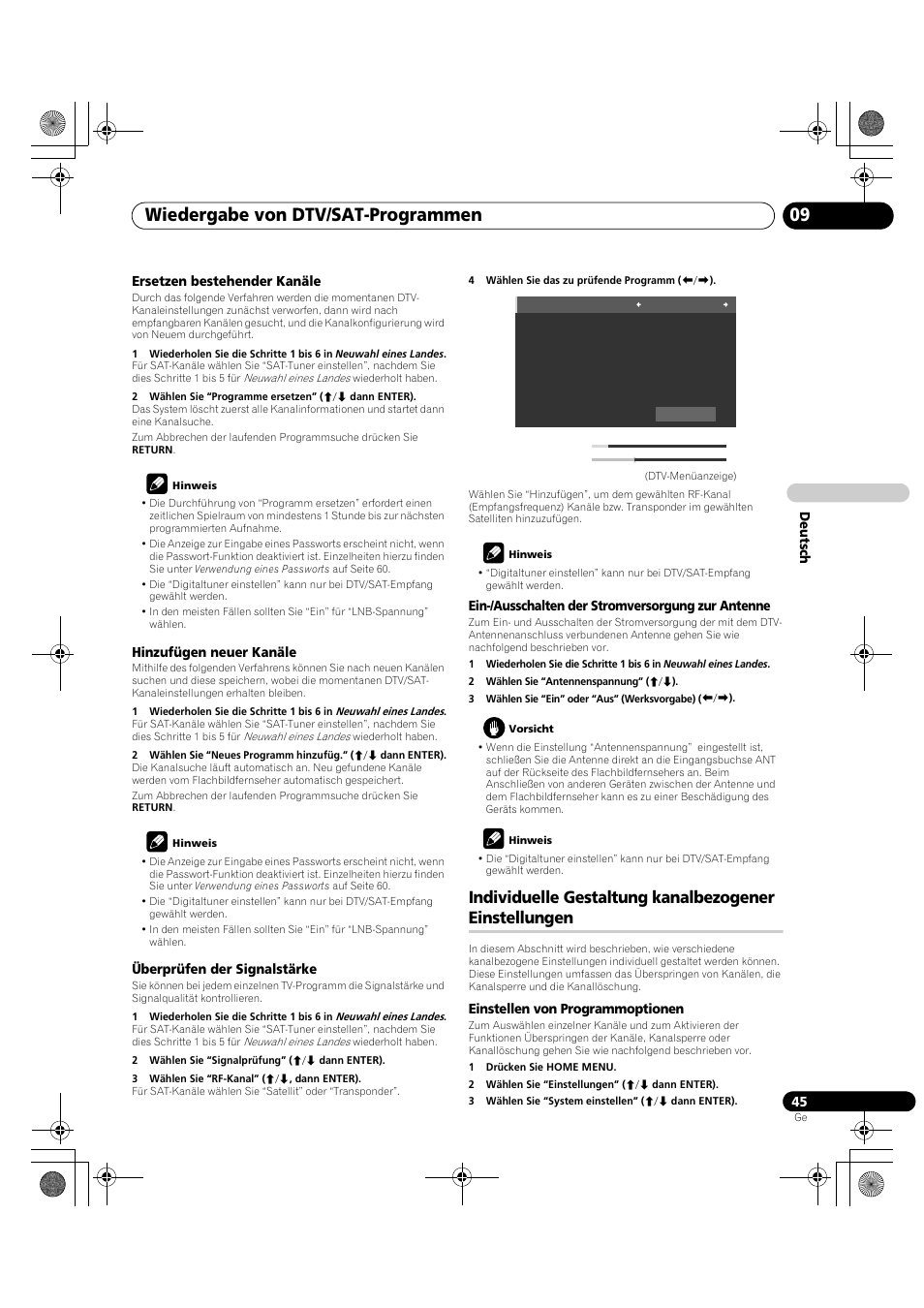 Individuelle gestaltung kanalbezogener, Einstellungen, Individuelle gestaltung | Kanalbezogener einstellungen auf seiten 45, Wiedergabe von dtv/sat-programmen 09 | Pioneer PDP-LX5090H User Manual | Page 275 / 339