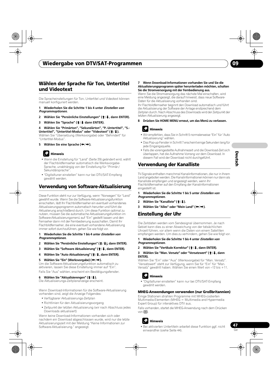 Wählen der sprache für ton, Untertitel und videotext, Wählen der sprache für | Ton, untertitel und videotext auf seite 47, Wiedergabe von dtv/sat-programmen 09, Verwendung von software-aktualisierung, Verwendung der kanalliste, Einstellung der uhr | Pioneer PDP-LX5090H User Manual | Page 277 / 339