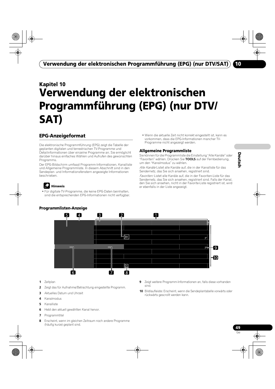 10 verwendung der elektronischen, Programmführung (epg) (nur dtv/sat), Epg-anzeigeformat | Kapitel 10 | Pioneer PDP-LX5090H User Manual | Page 279 / 339