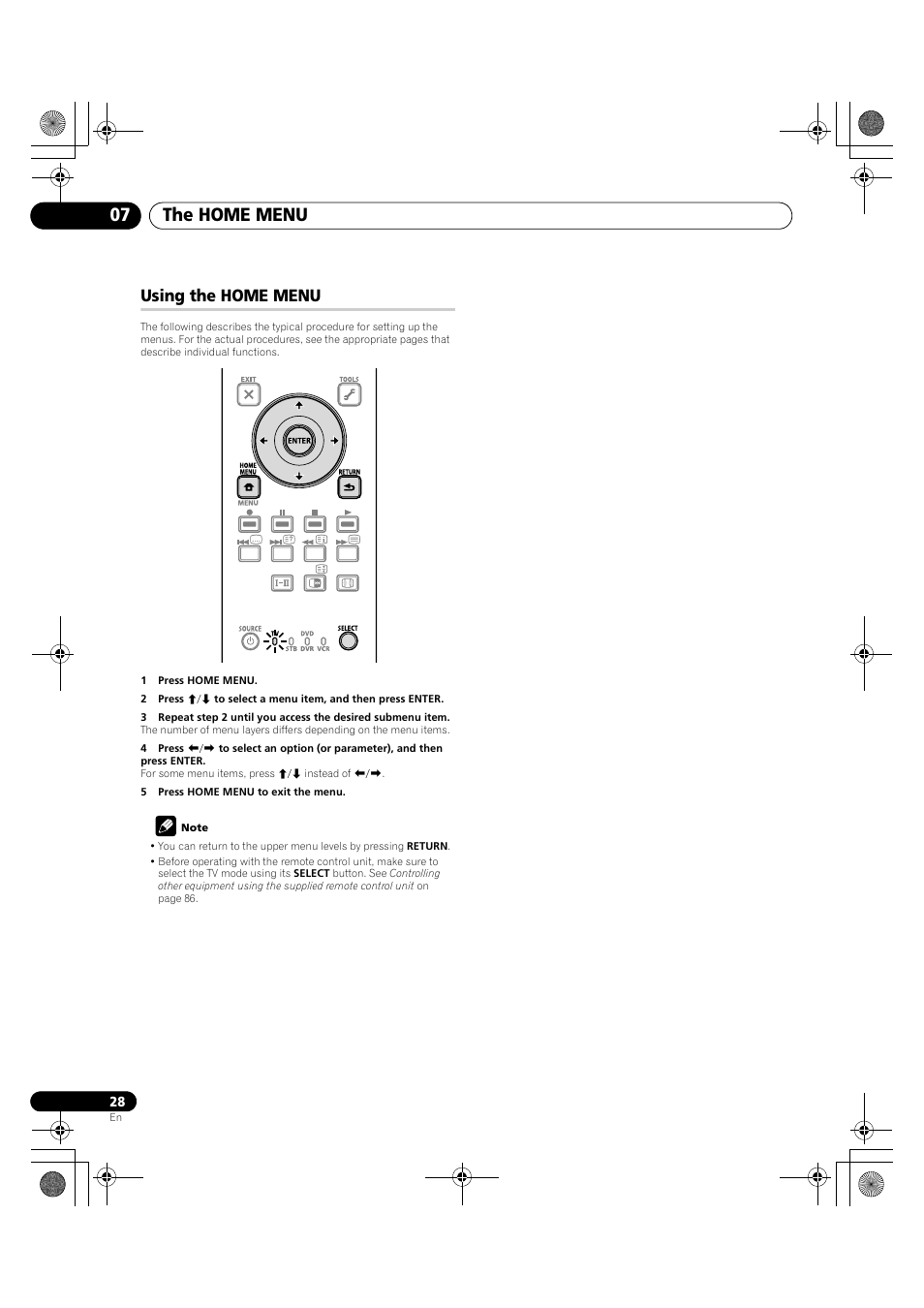 Using the home menu, The home menu 07 | Pioneer PDP-LX5090H User Manual | Page 28 / 339
