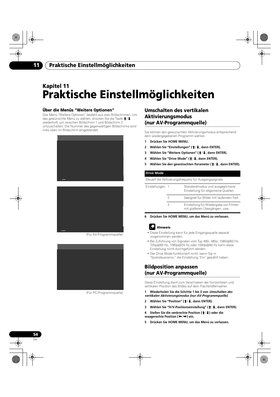 11 praktische einstellmöglichkeiten, Umschalten des vertikalen aktivierungsmodus, Nur av-programmquelle) | Bildposition anpassen, Praktische einstellmöglichkeiten, Praktische einstellmöglichkeiten 11, Kapitel 11, Bildposition anpassen (nur av-programmquelle) | Pioneer PDP-LX5090H User Manual | Page 284 / 339