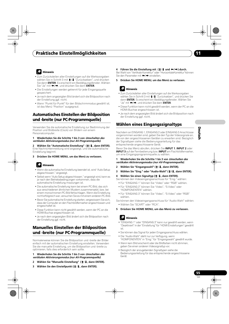 Automatisches einstellen der bildposition, Und -breite (nur pc-programmquelle), Manuelles einstellen der bildposition und -breite | Nur pc-programmquelle), Wählen eines eingangssignaltyps, Praktische einstellmöglichkeiten 11 | Pioneer PDP-LX5090H User Manual | Page 285 / 339
