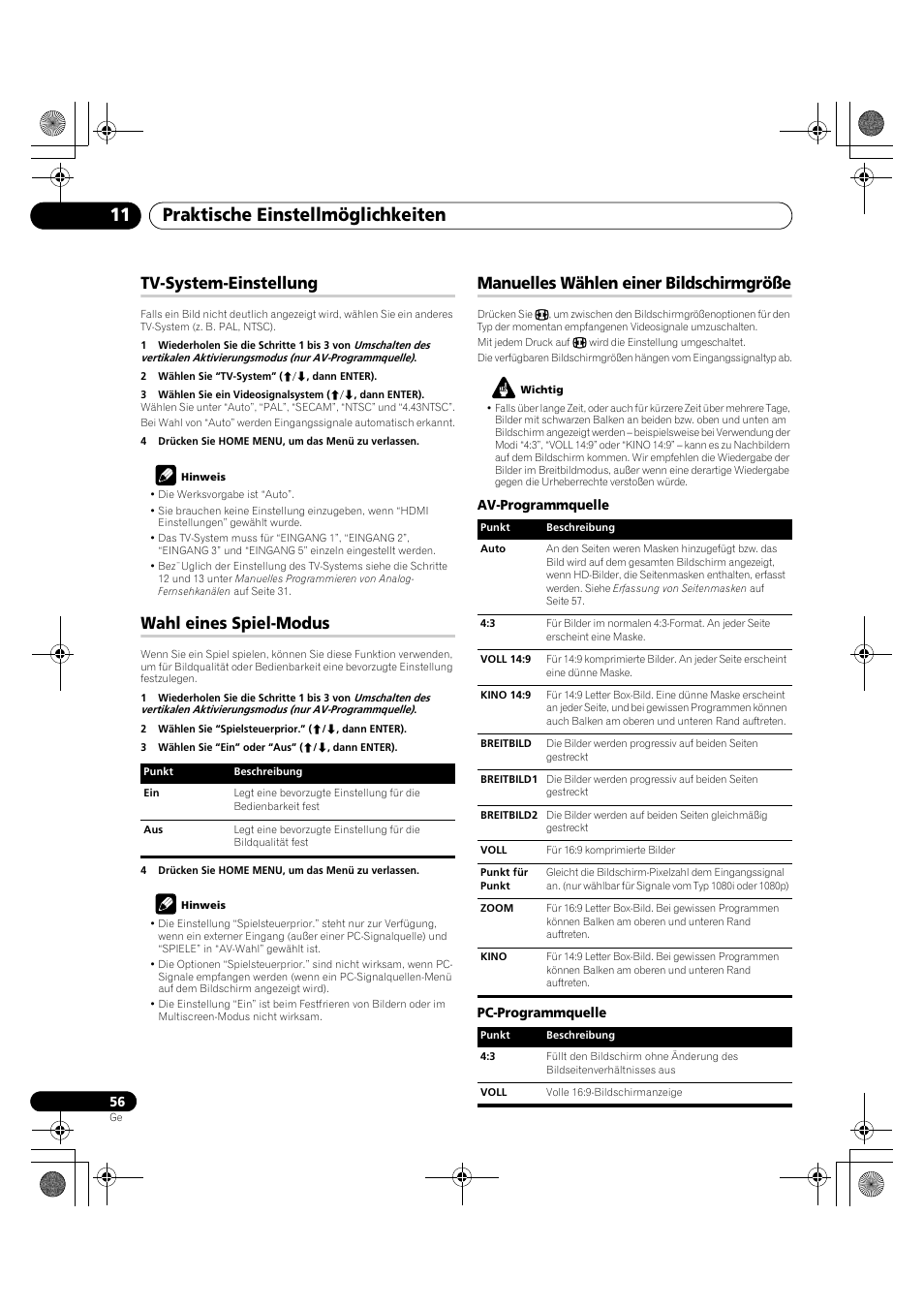 SSen würde (siehe seite 56), Praktische einstellmöglichkeiten 11, Tv-system-einstellung | Wahl eines spiel-modus, Manuelles wählen einer bildschirmgröße | Pioneer PDP-LX5090H User Manual | Page 286 / 339