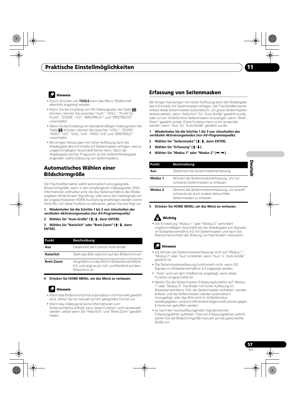 Erfassung von seitenmasken auf seite 57), Werden. siehe, Erfassung von seitenmasken auf | Seite 57, Praktische einstellmöglichkeiten 11, Automatisches wählen einer bildschirmgröße, Erfassung von seitenmasken | Pioneer PDP-LX5090H User Manual | Page 287 / 339
