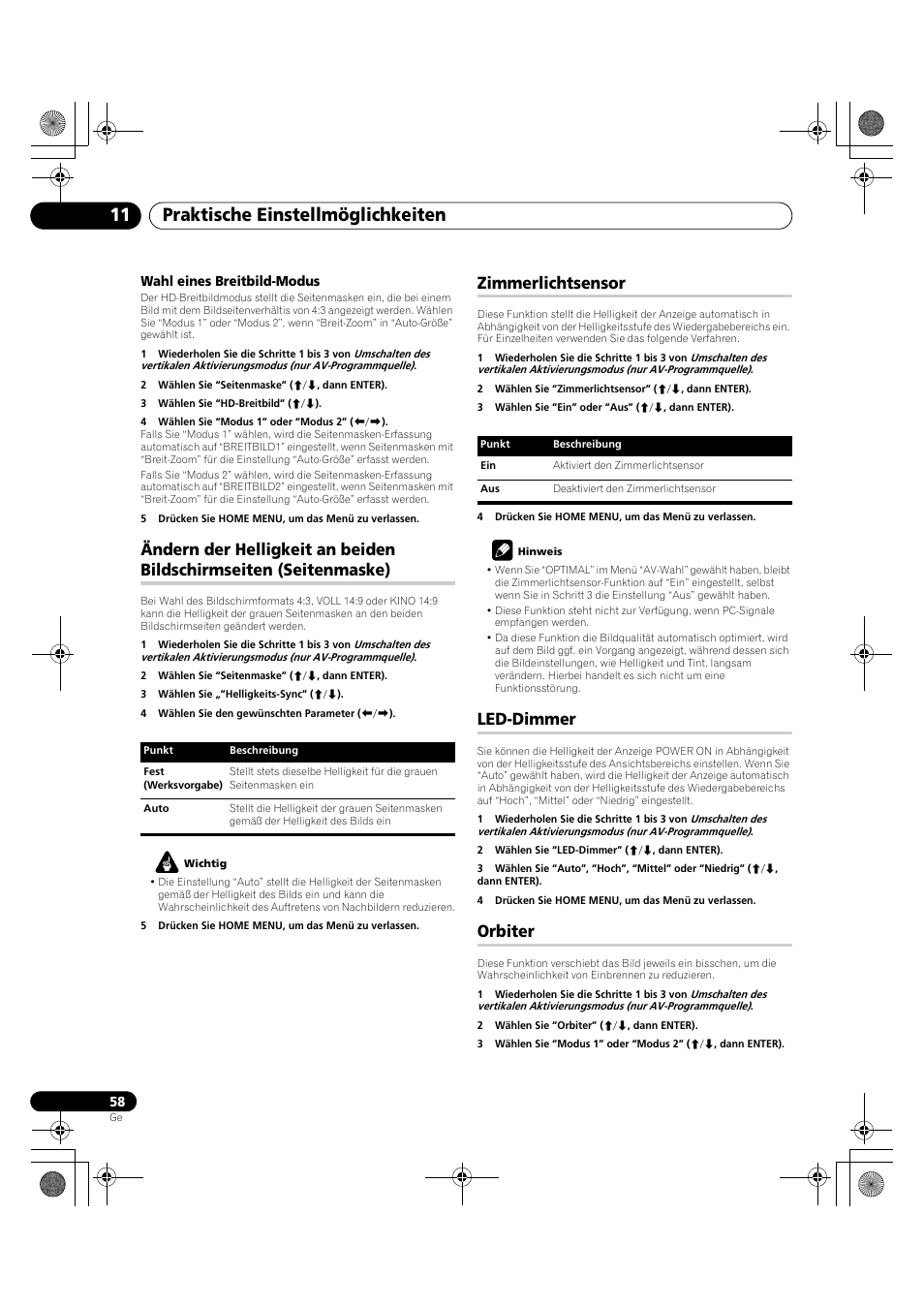 Ändern der helligkeit an beiden bildschirmseiten, Seitenmaske), Zimmerlichtsensor led-dimmer orbiter | Orbiter auf seite 58), Led-dimmer auf seite 58, Praktische einstellmöglichkeiten 11, Zimmerlichtsensor, Led-dimmer, Orbiter | Pioneer PDP-LX5090H User Manual | Page 288 / 339