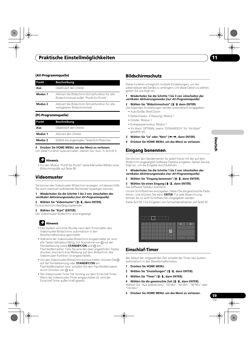 Praktische einstellmöglichkeiten 11, Videomuster, Bildschirmschutz | Eingang benennen, Einschlaf-timer | Pioneer PDP-LX5090H User Manual | Page 289 / 339