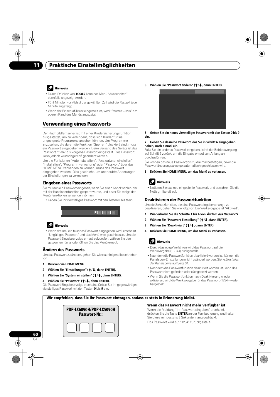 Verwendung eines passworts, Sie unter, Verwendung eines passworts auf seite 60 | Praktische einstellmöglichkeiten 11 | Pioneer PDP-LX5090H User Manual | Page 290 / 339