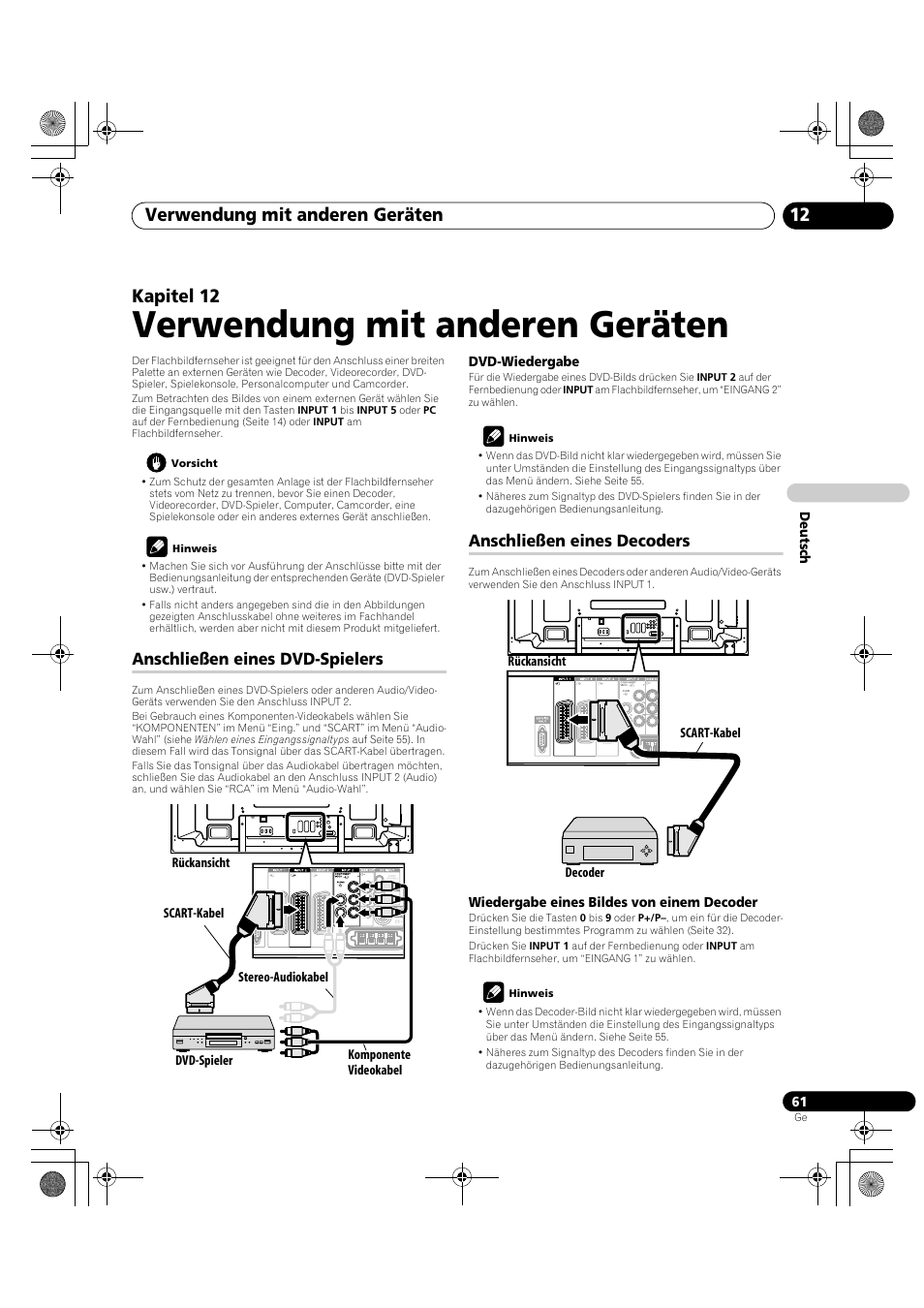 12 verwendung mit anderen, Geräten, Verwendung mit anderen geräten | Verwendung mit anderen geräten 12, Kapitel 12, Anschließen eines dvd-spielers, Anschließen eines decoders | Pioneer PDP-LX5090H User Manual | Page 291 / 339