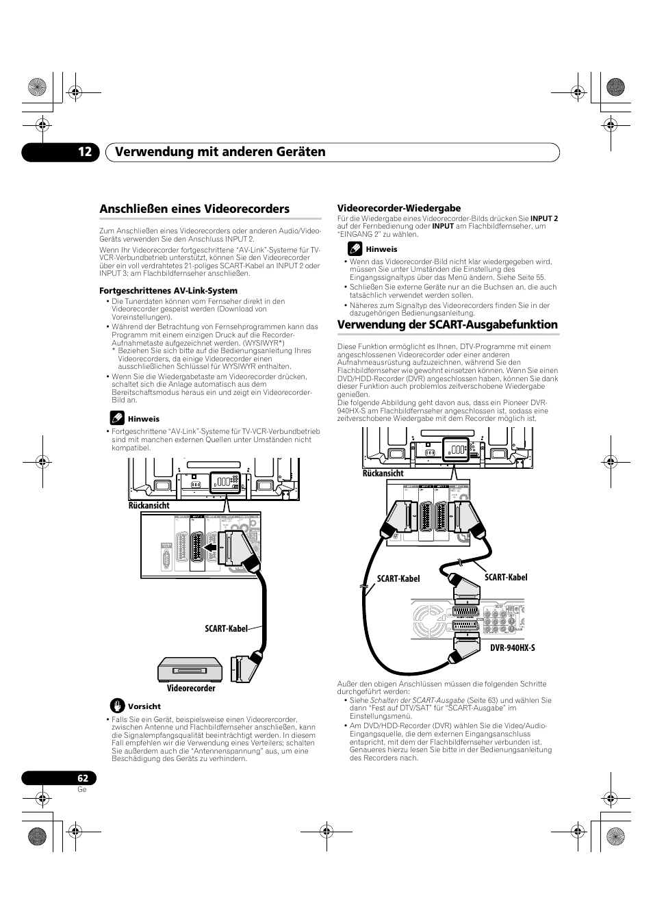 Verwendung mit anderen geräten 12, Anschließen eines videorecorders, Verwendung der scart-ausgabefunktion | Pioneer PDP-LX5090H User Manual | Page 292 / 339