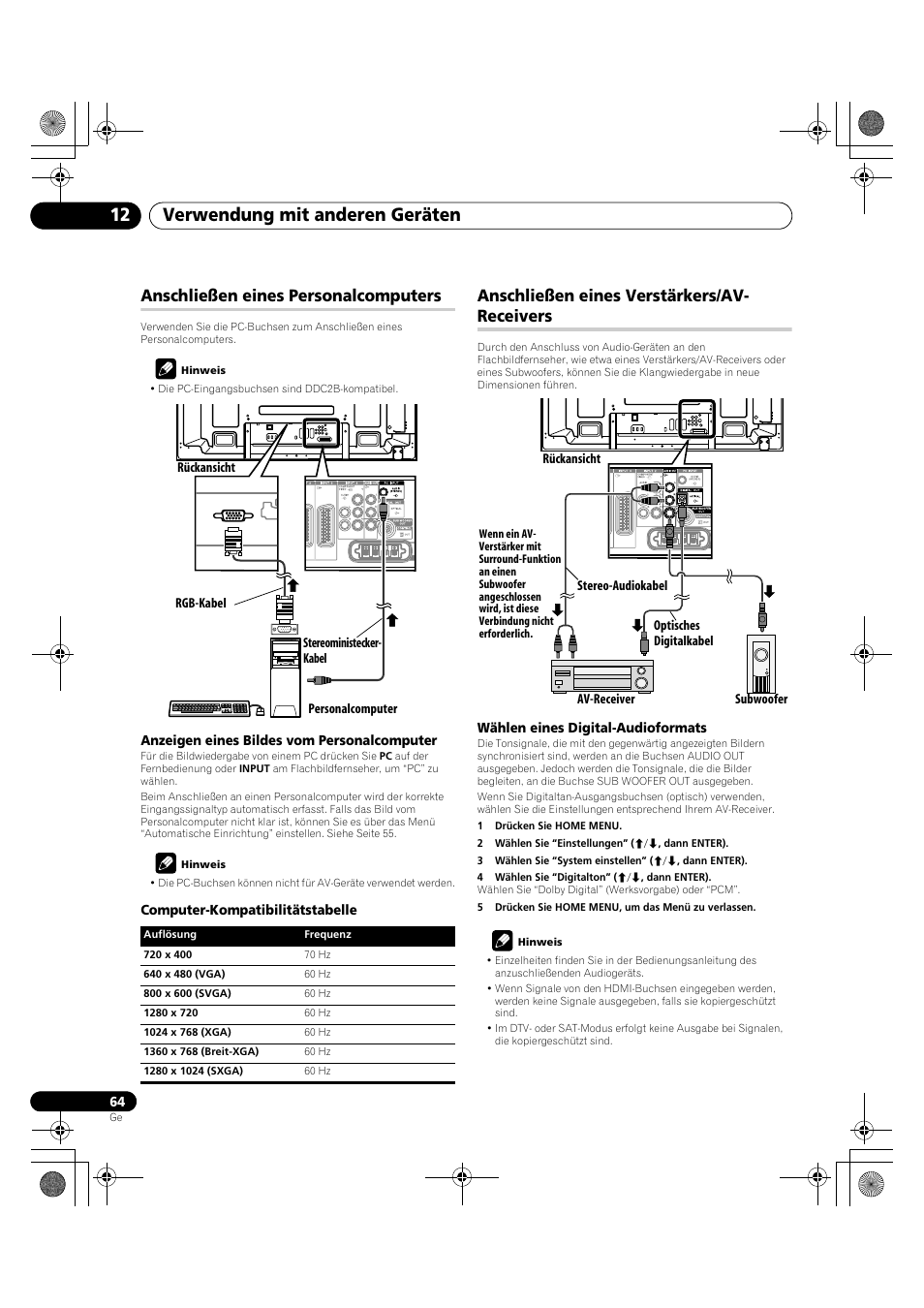 Verwendung mit anderen geräten 12, Anschließen eines personalcomputers, Anschließen eines verstärkers/av- receivers | Pioneer PDP-LX5090H User Manual | Page 294 / 339