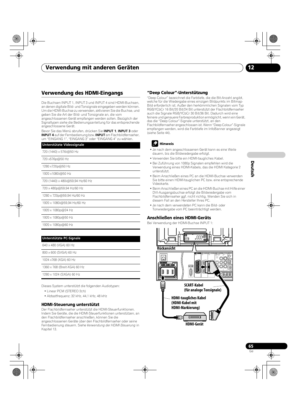 Verwendung des hdmi-eingangs, Verwendung mit anderen geräten 12 | Pioneer PDP-LX5090H User Manual | Page 295 / 339