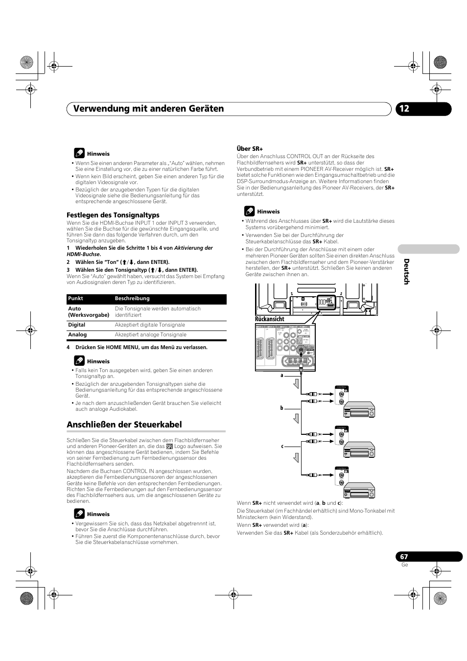 Anschließen der steuerkabel, Verwendung mit anderen geräten 12, De utsch | Festlegen des tonsignaltyps, Rückansicht | Pioneer PDP-LX5090H User Manual | Page 297 / 339