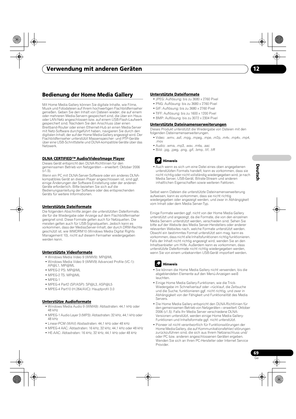 Bedienung der home media gallery, Seite 69), Verwendung mit anderen geräten 12 | Pioneer PDP-LX5090H User Manual | Page 299 / 339