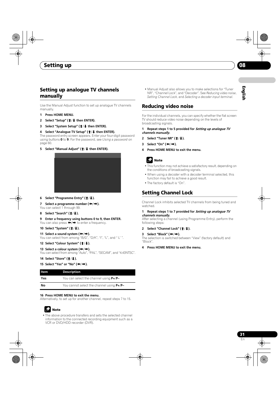 Setting up analogue tv channels, Setting up 08, Setting up analogue tv channels manually | Reducing video noise, Setting channel lock | Pioneer PDP-LX5090H User Manual | Page 31 / 339